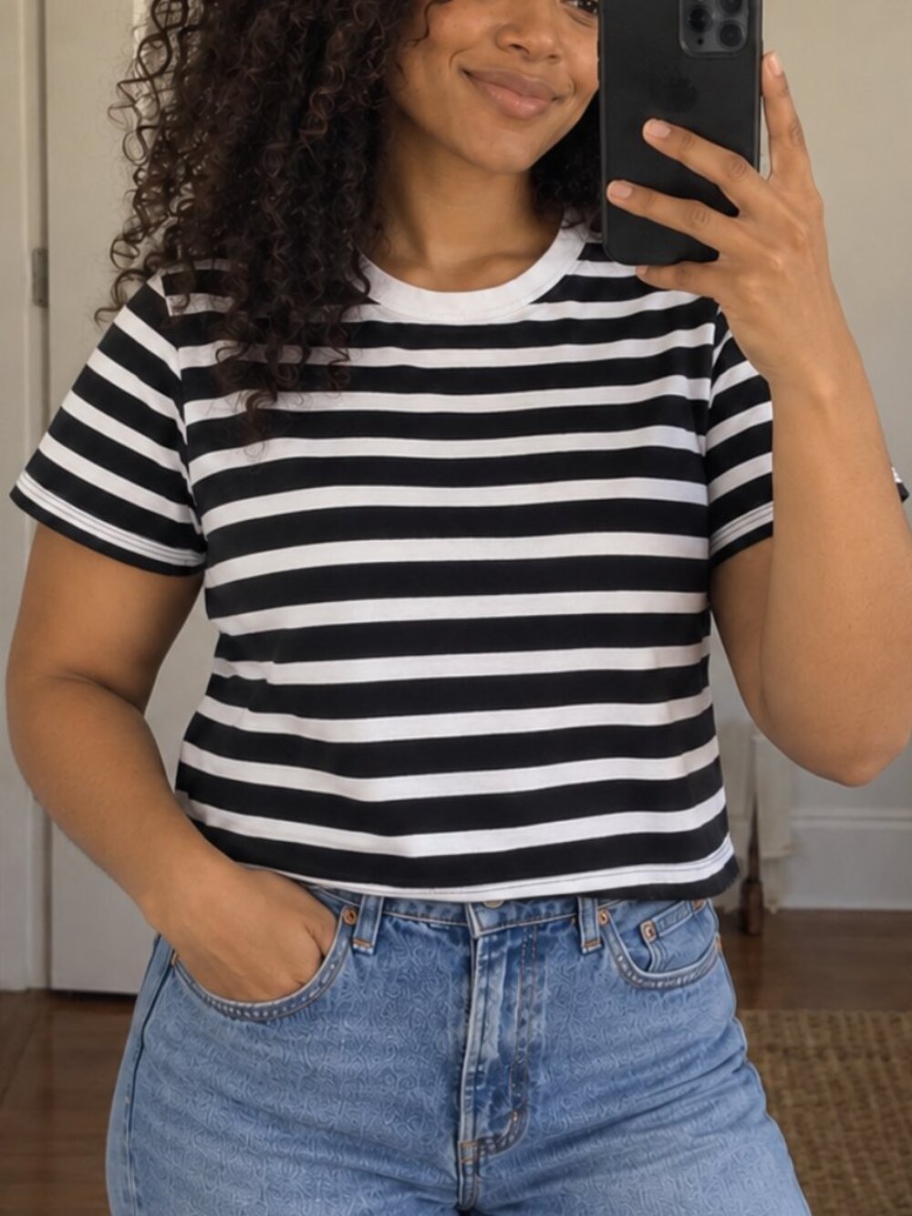 Madewell Black White Striped Boxy Crop Tee Small